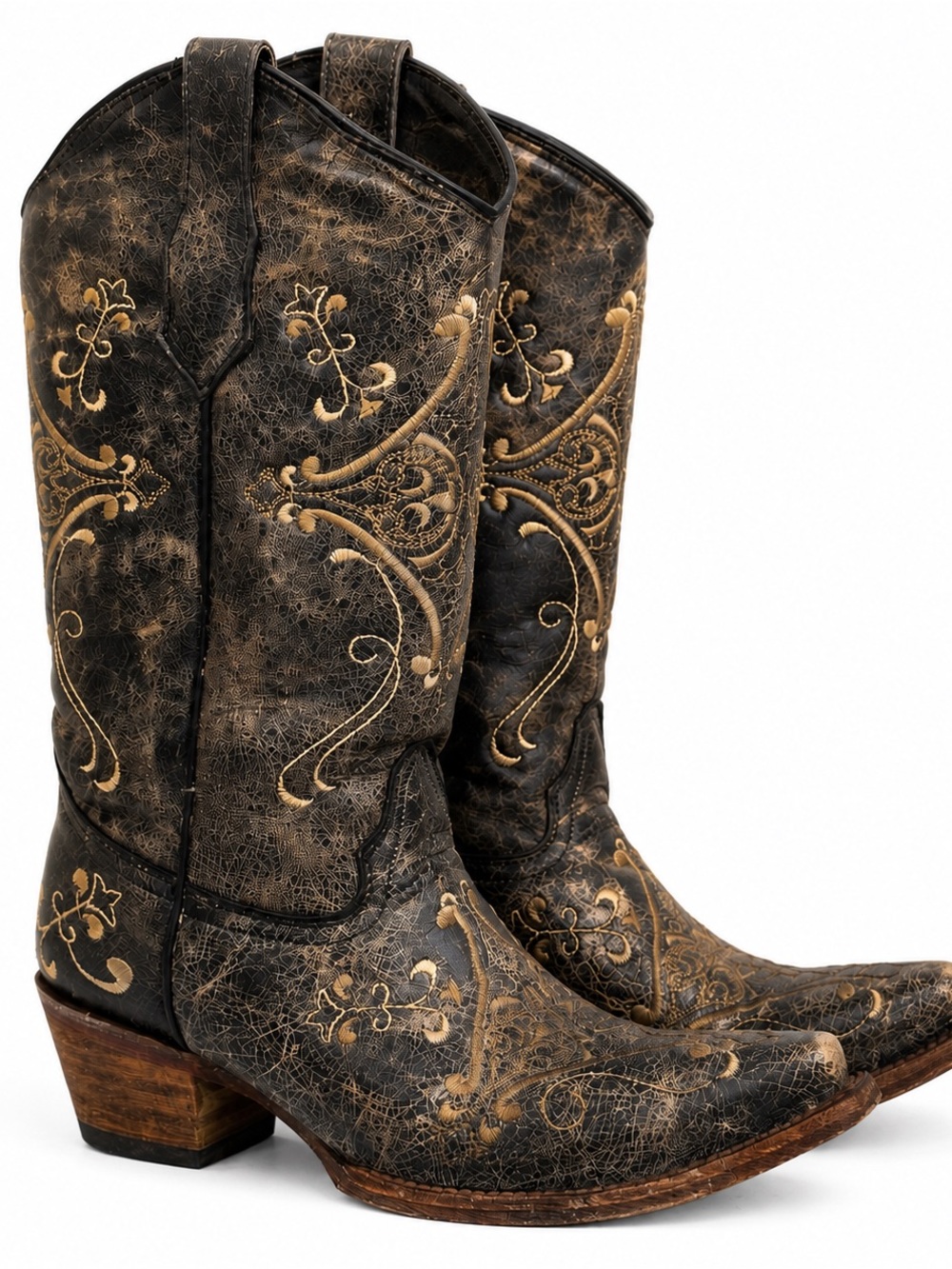 Distressed Embroidered Western Cowboy Boots Leather Made in Mexico
